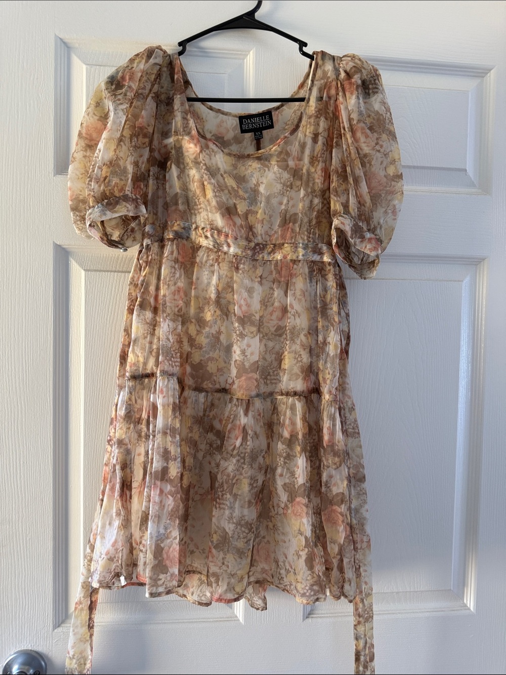 DANIELLE BERNSTEIN Sheer Floral Puff-Sleeve Mini Dress — Pink, Beige, Cream